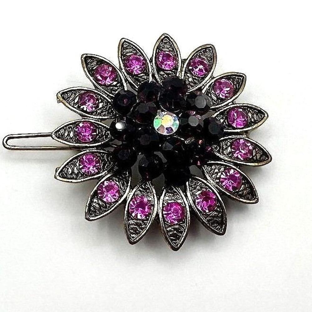 Vintage 80s Pink Rhinestone Flower Brooch Gold Tone Sunflower Pin Retro Jewelry
